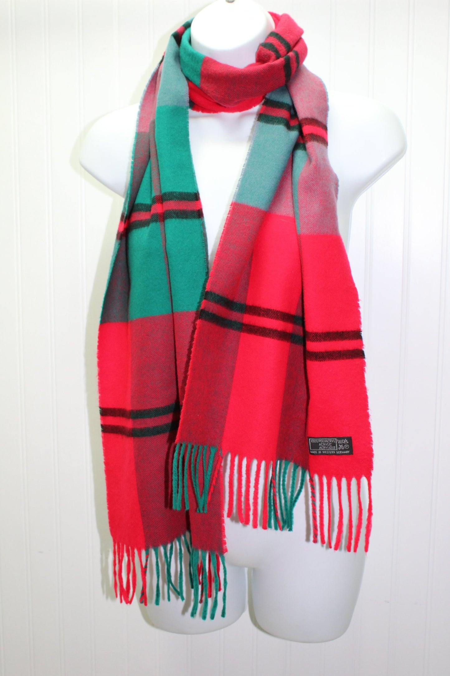 Vintage Acrylic Scarf All Gender West Germany Turquoise Red Black 11" X 67" extra long