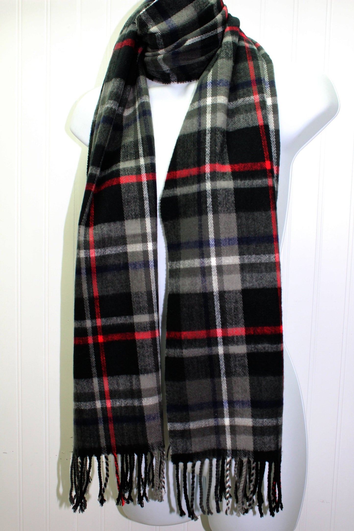 Vintage Acrylic Scarf All Gender Plaid Black Grey Red Stripe 12" X 68" + Fringe