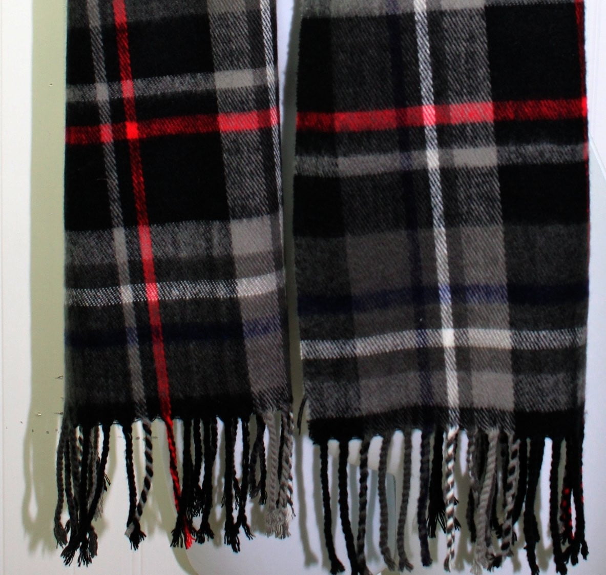 Vintage Acrylic Scarf All Gender Plaid Black Grey Red Stripe 12" X 68" + Fringe handsome