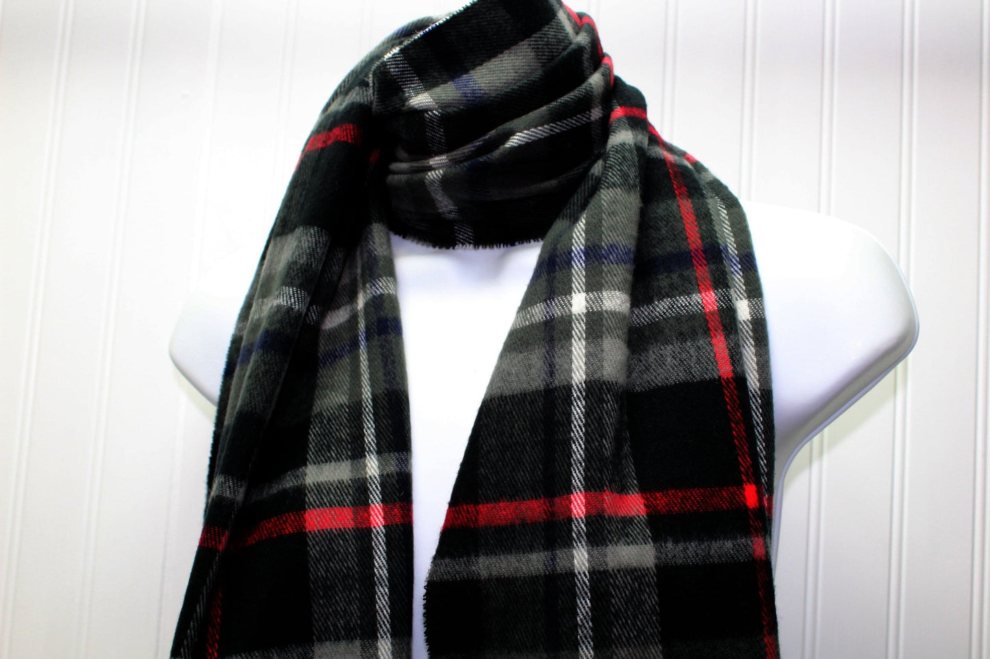 Vintage Acrylic Scarf All Gender Plaid Black Grey Red Stripe 12" X 68" + Fringe soft