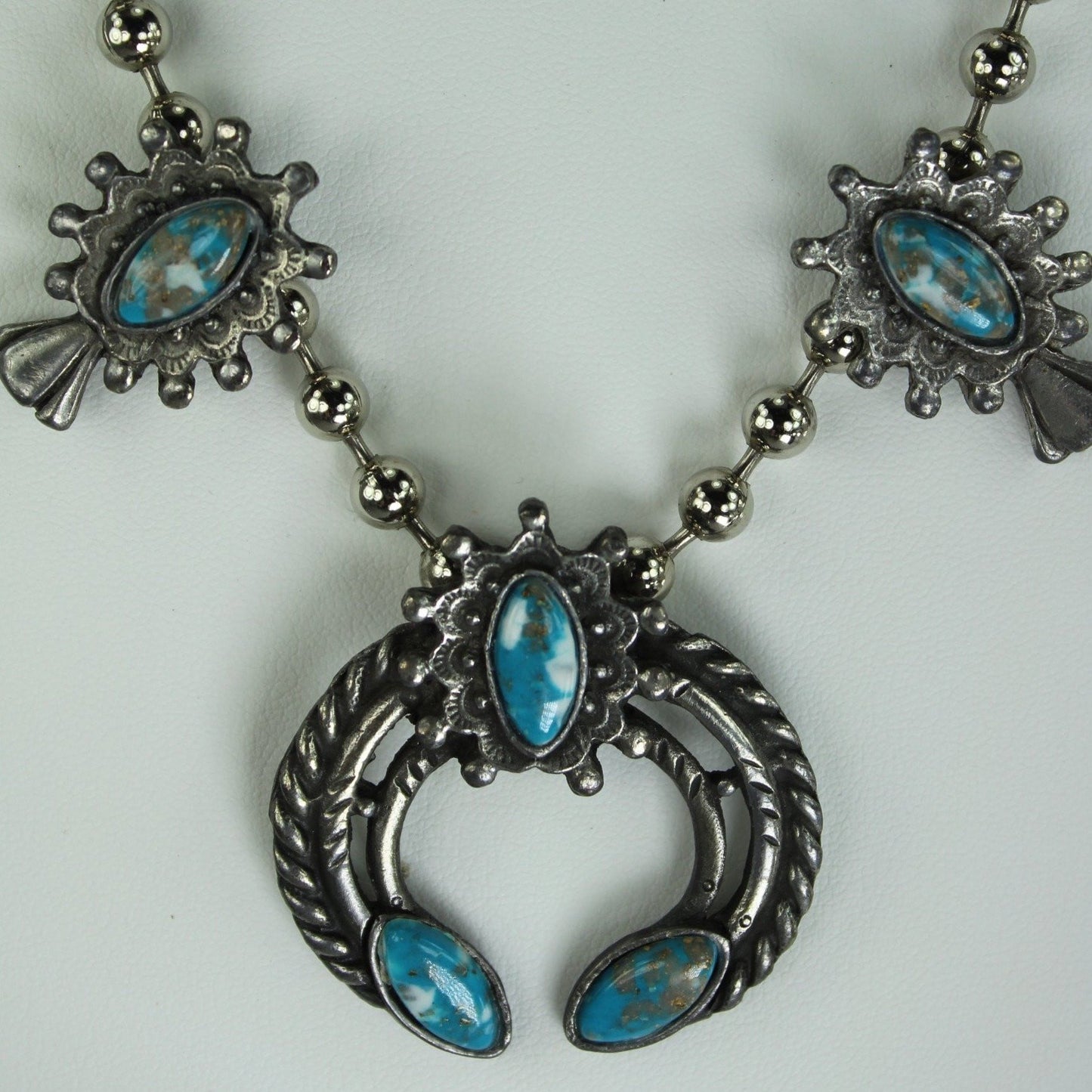 Necklace Squash Blossom Faux Turquoise Art Glass Gold Flecks Vintage Heavy 1970s
