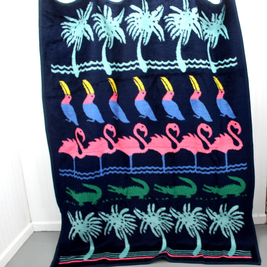 Fun Tropical Acrylic Throw Blanket Toucans Alligators Flamingos 58" X 80" vintage