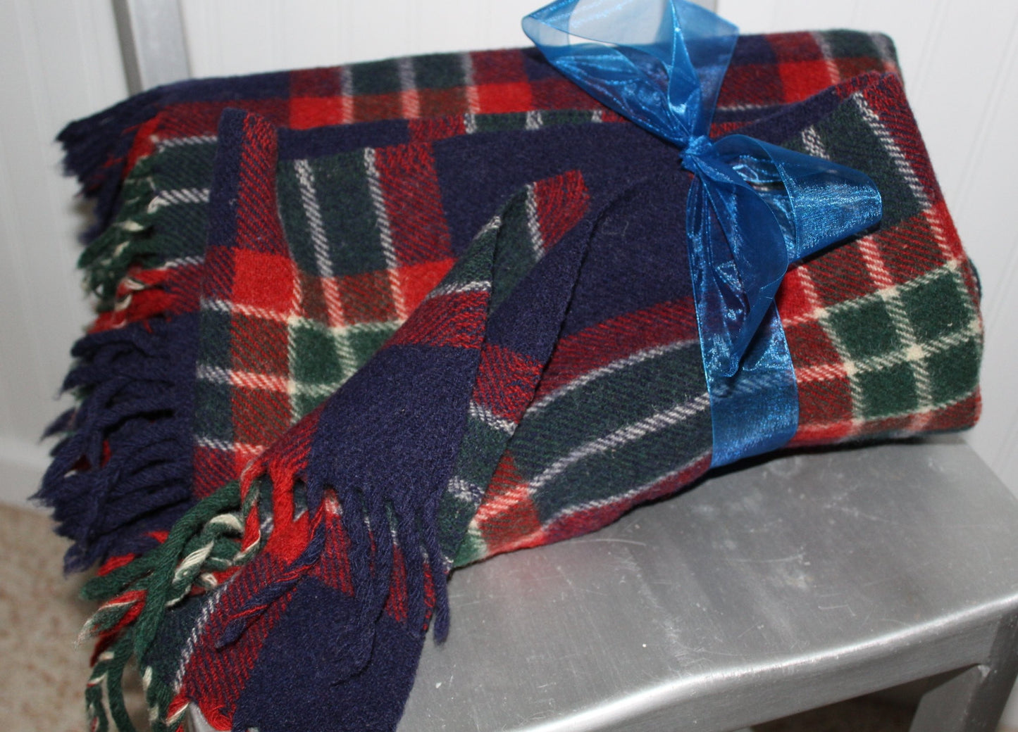 Vintage Plaid Wool Throw Vibrant Red Navy Blue Forest Green