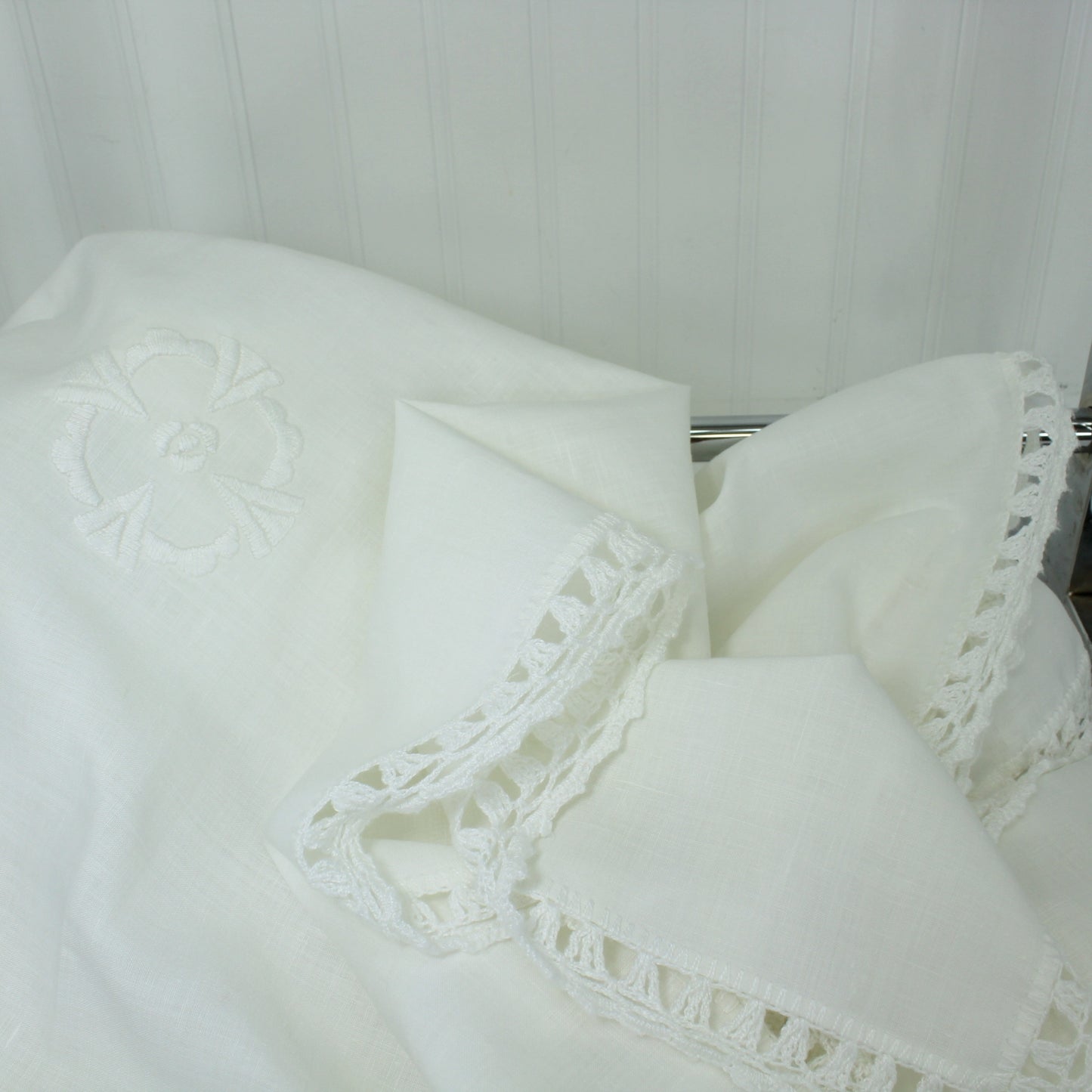 Elegant White Linen Tablecloth Unusual Embroidery Crochet Edging 57" X 47 1/2" medium size tablecloth