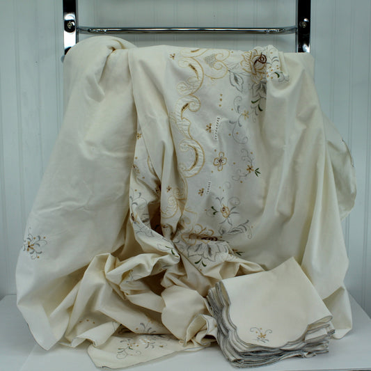 Huge Bone Cotton Tablecloth 10 Napkins Grey Caramel Embroidered 10 Napkins 65" X 132"