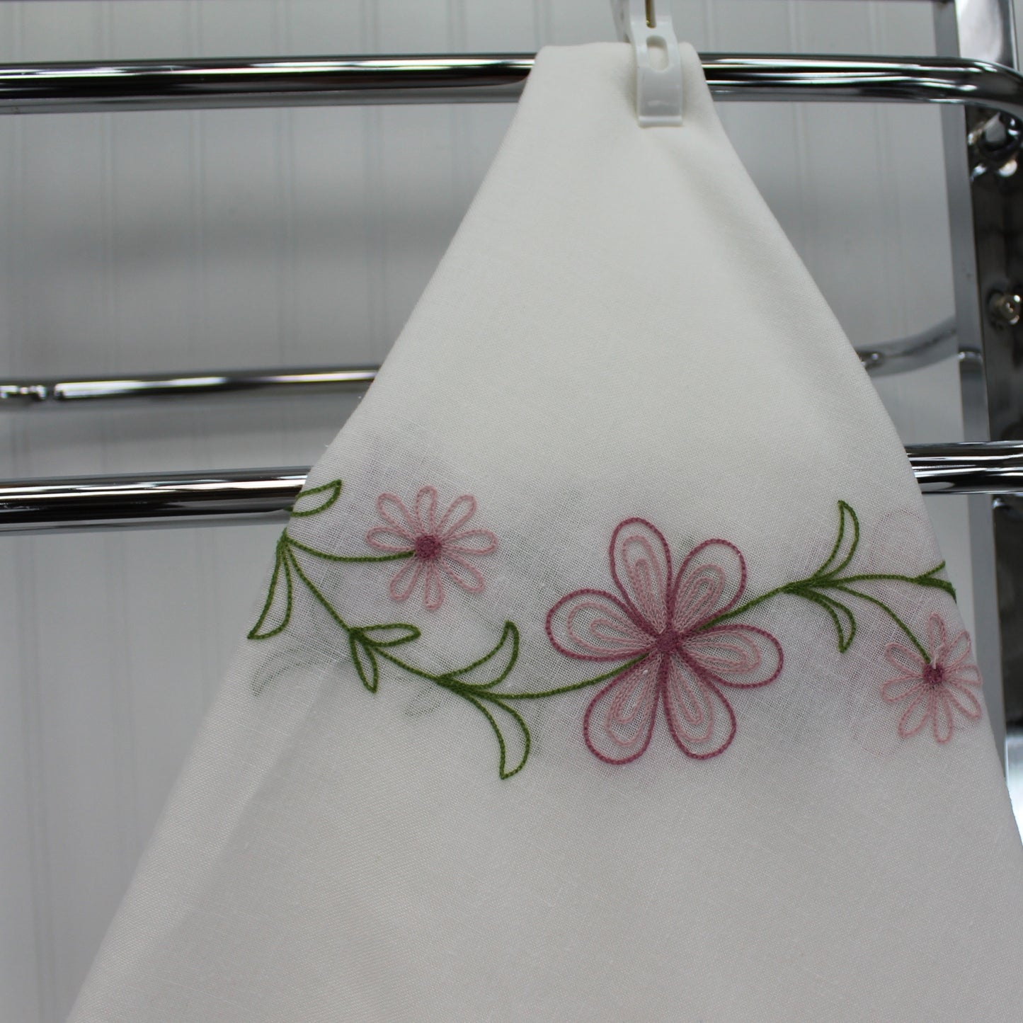 Switzerland Round 72" Tablecloth Embroidered Flowers Pink Green Poly Linen closeup embroidery
