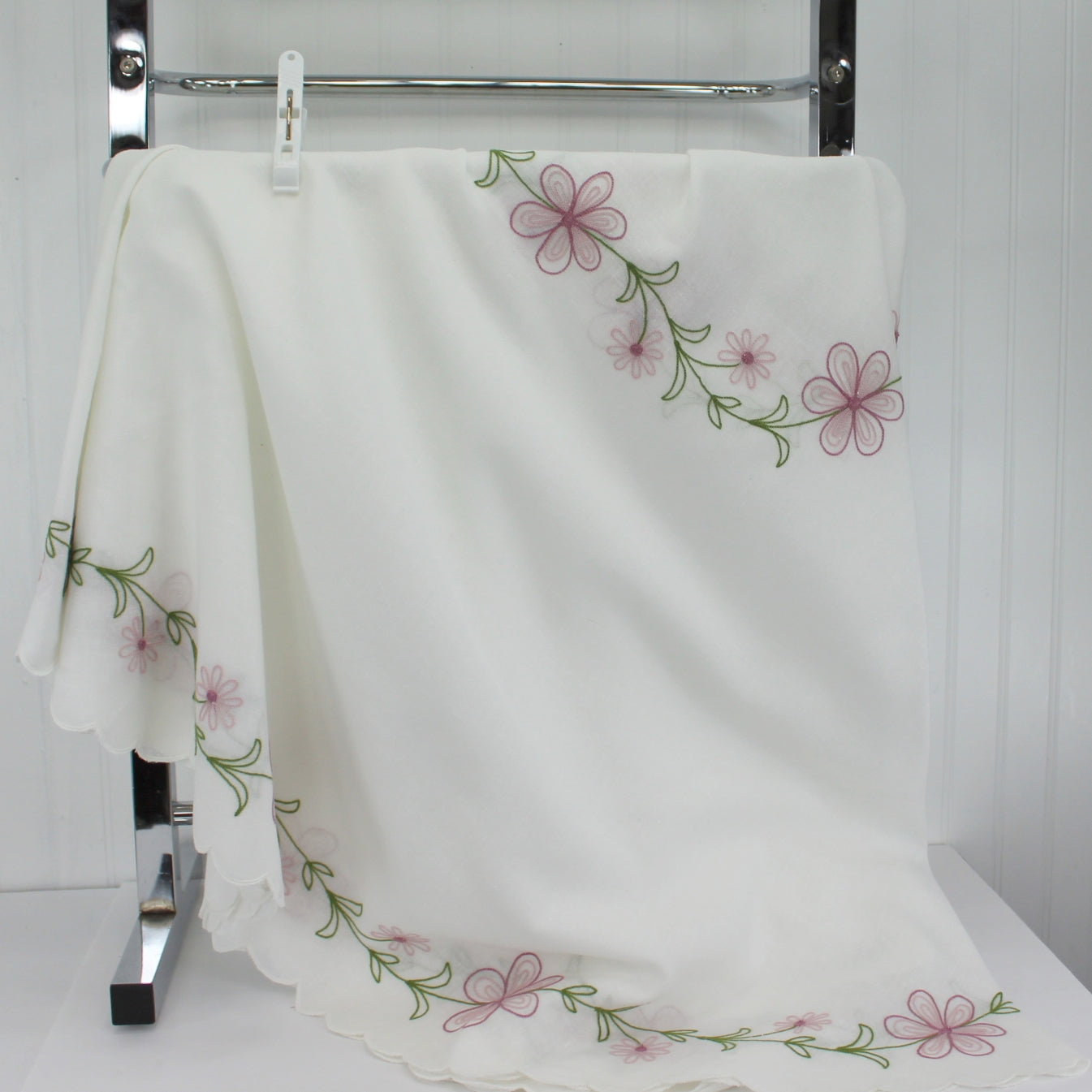 Switzerland Round 72" Tablecloth Embroidered Flowers Pink Green Poly Linen difficult to find large round cloth