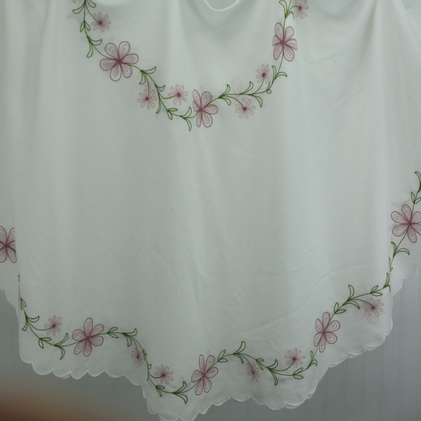 Switzerland Round 72" Tablecloth Embroidered Flowers Pink Green Poly Linen 1/2 the tablecloth photo