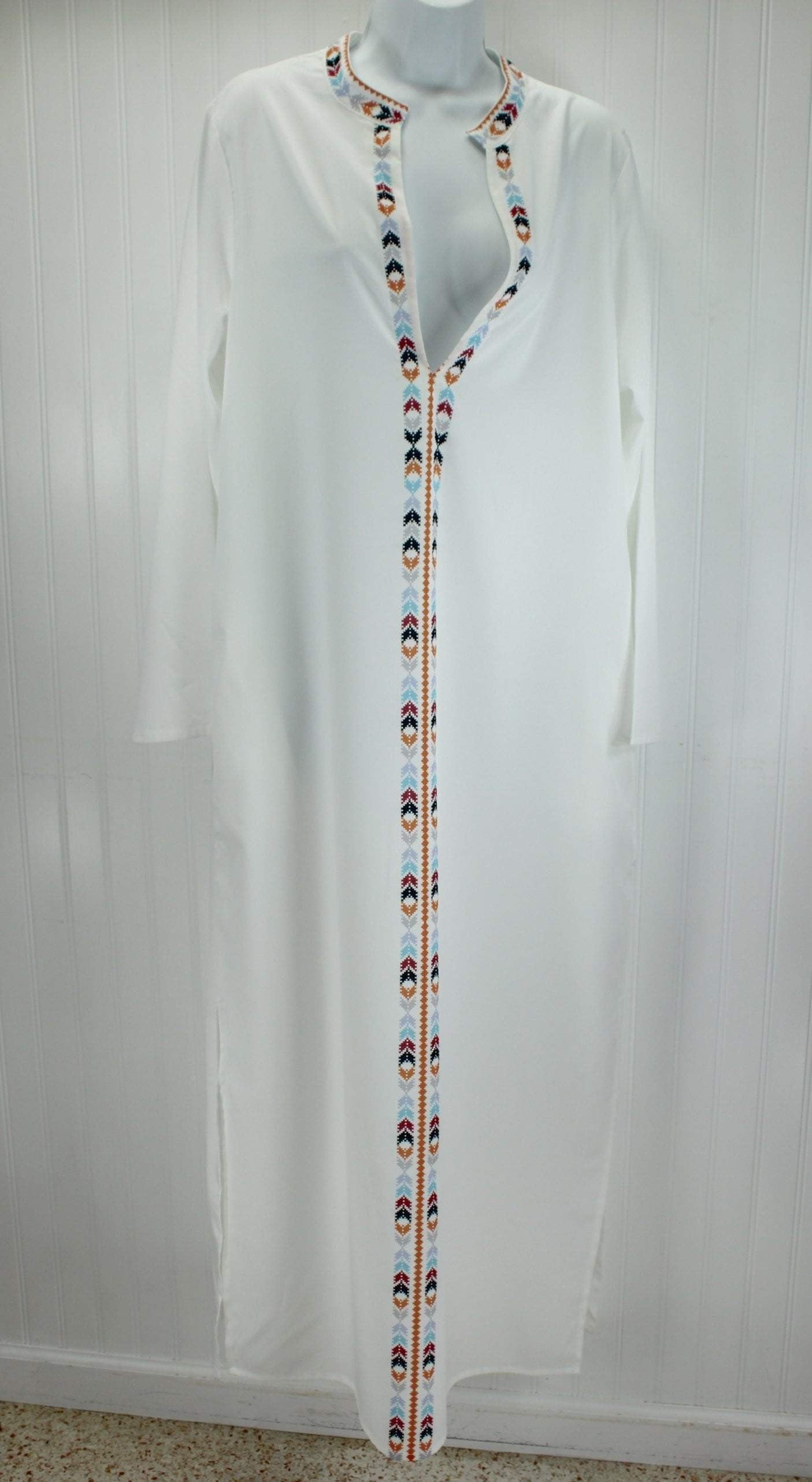 Zanzea Caftan NWT - Long White XL Mandarin Neck Aztec Trim bright white summery