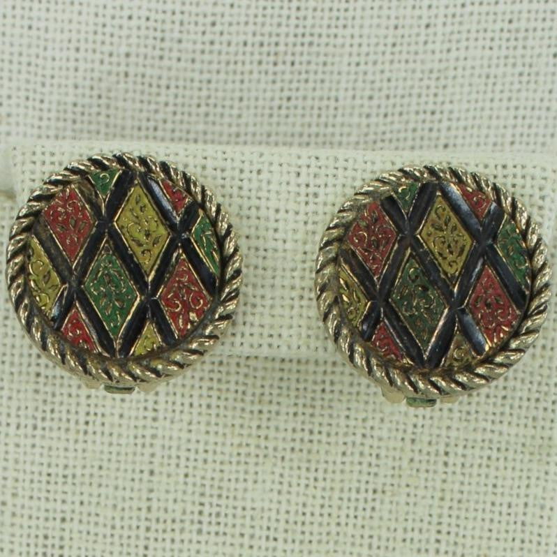 Vintage Set Necklace Clip Earrings SARAH COV Discs Moss Green Deep Red Gold colorful