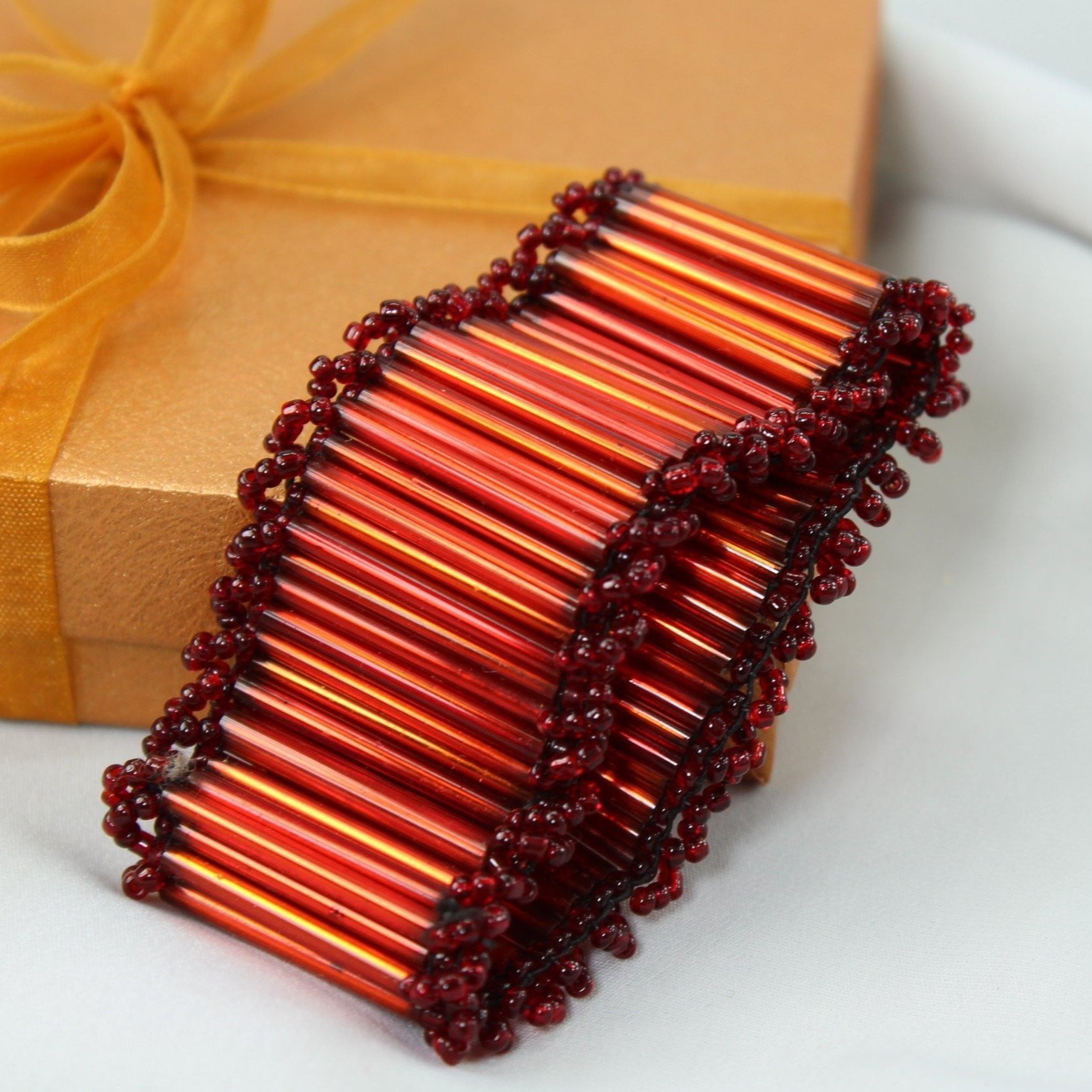 Artisan Red Iridescent Bead Bracelet - Bugle Seed Glass Beads 1 1/4 Wide