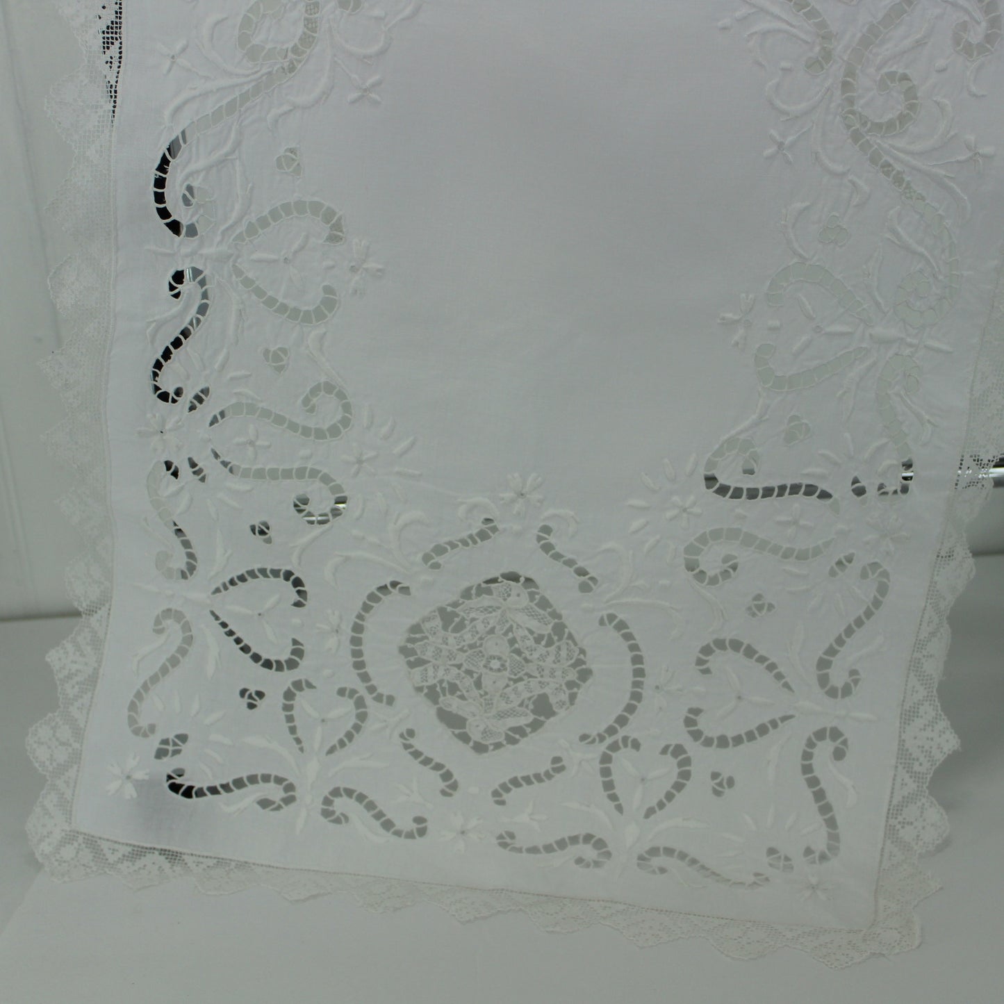 Elegant Madeira Style Linen Table Center Runner Lace Edging White on White gorgeous vintage runner
