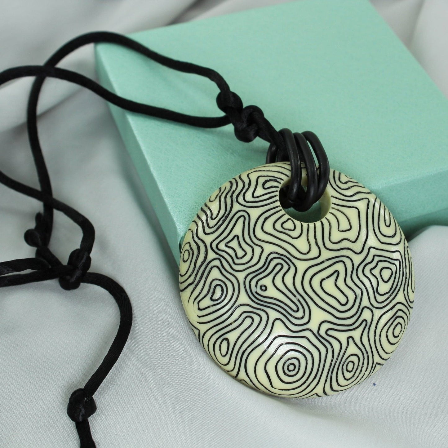 Artisan Etched Pendant Necklace Black and Cream unique
