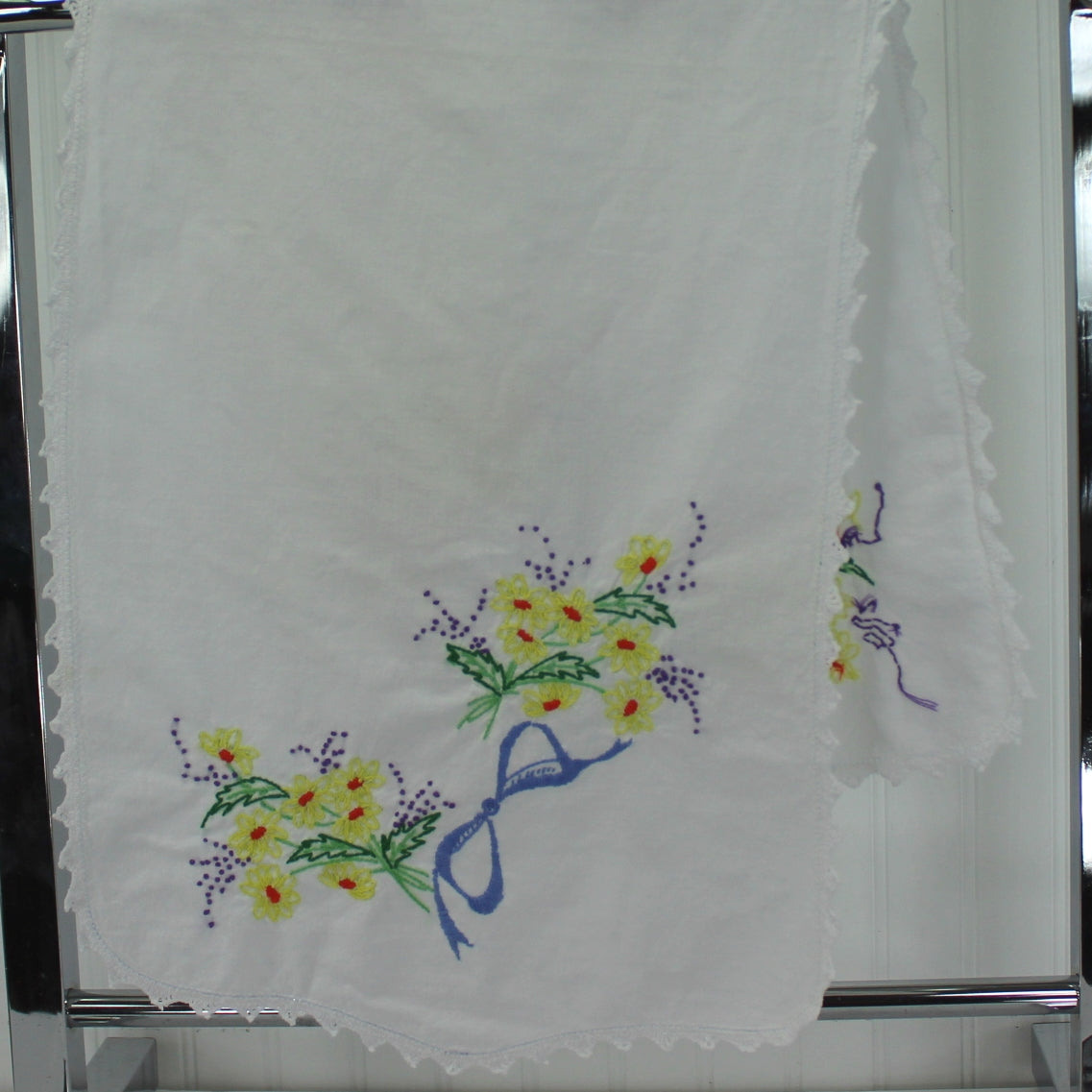 Linen Table Center Runner Embroidered Yellow Flower Sprays Blue Ribbon Lace design same each end