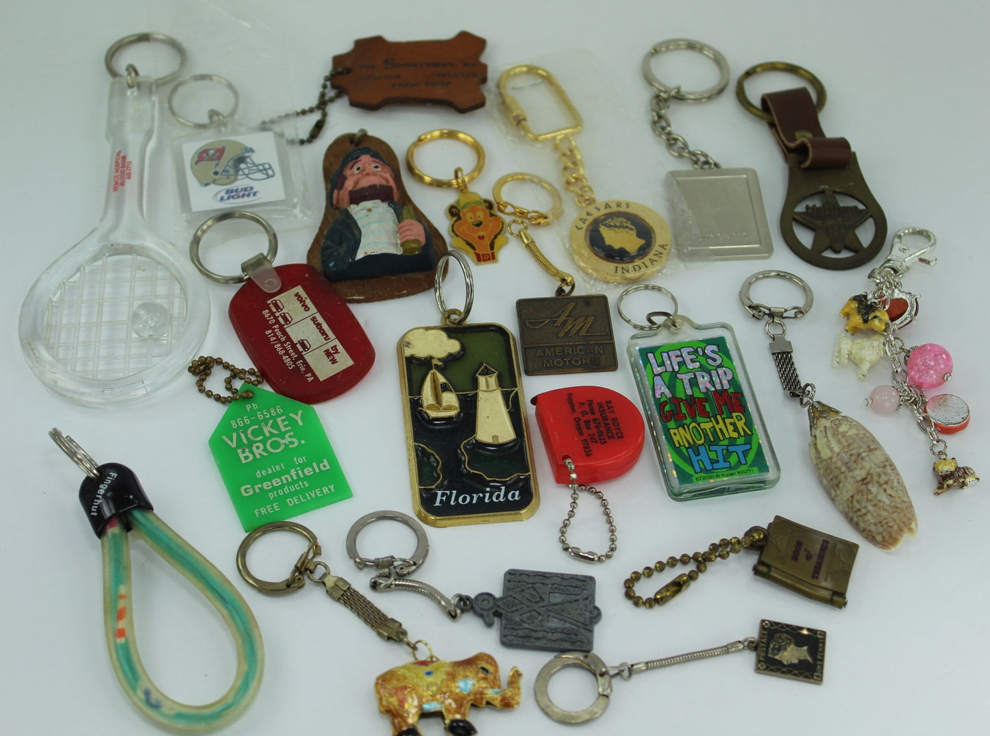 Key Rings Lot 21 Rings Vtg Advertising Leather Brass Shell Wood