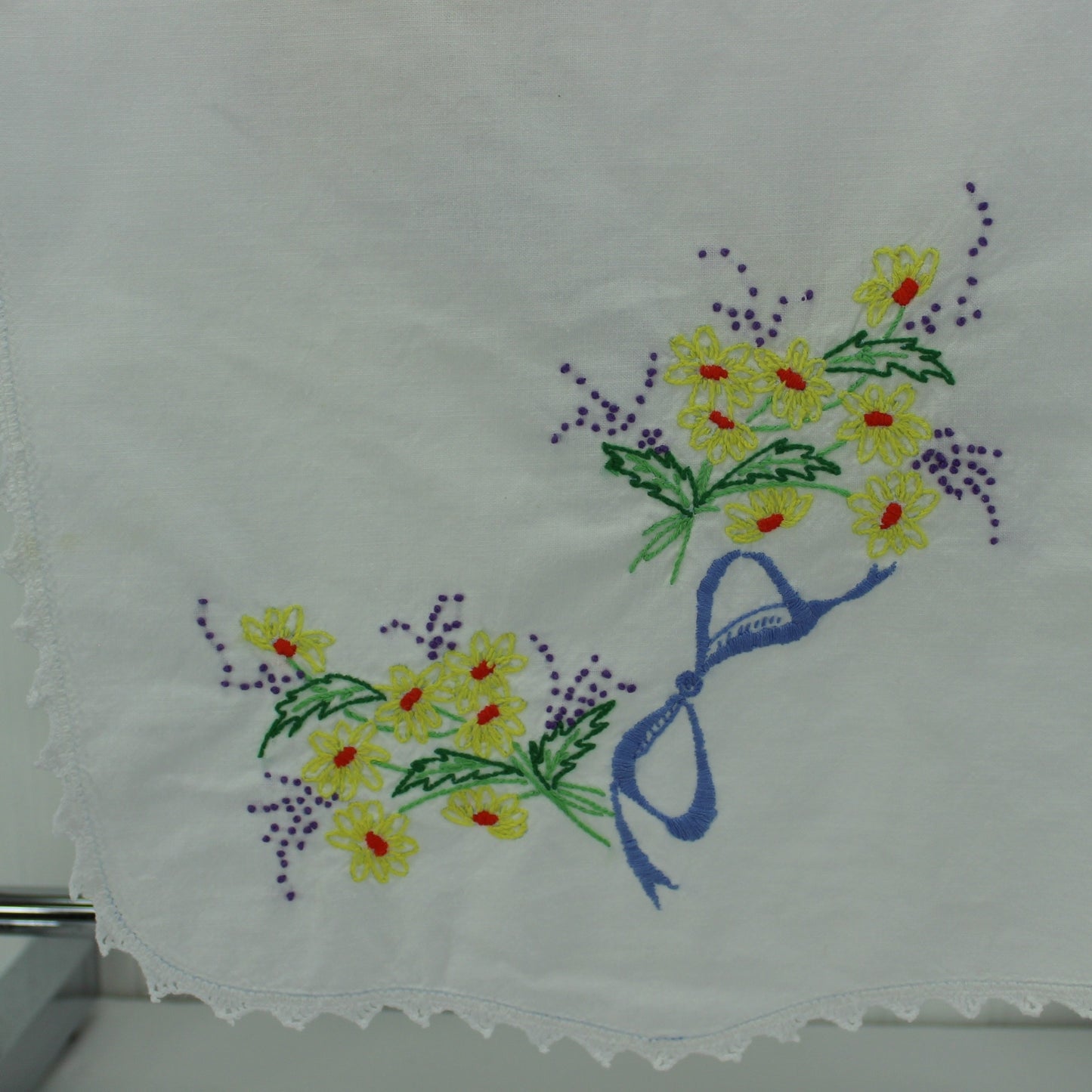 Linen Table Center Runner Embroidered Yellow Flower Sprays Blue Ribbon Lace