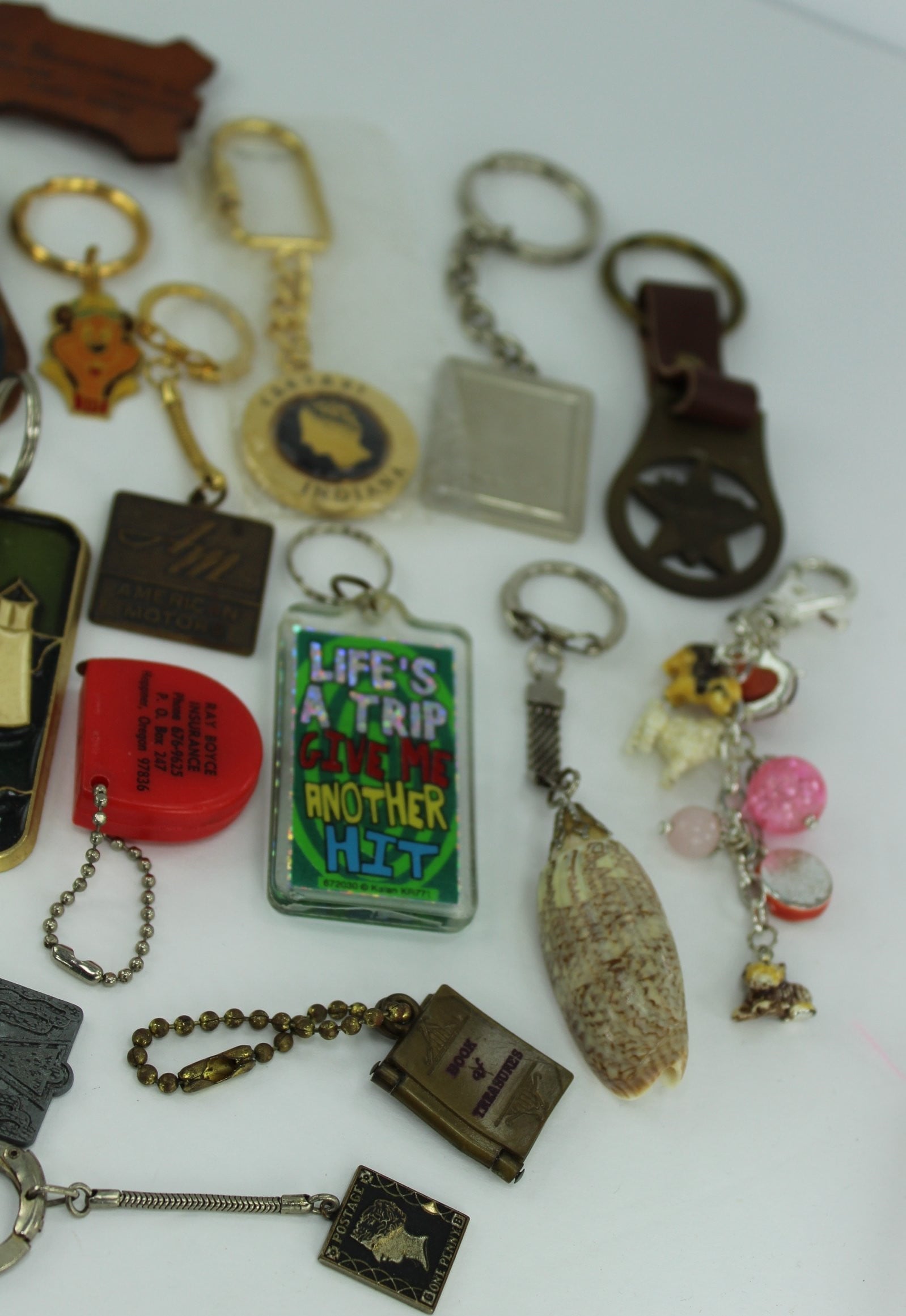 Key Rings Lot 21 Rings Vtg Advertising Leather Brass Shell Wood animal