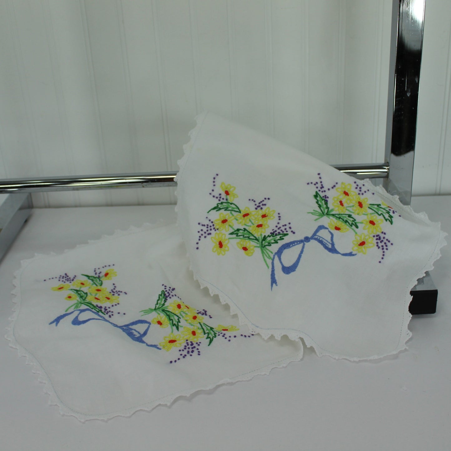 Linen Table Center Runner Embroidered Yellow Flower Sprays Blue Ribbon Lace fine embroidery yellow purple blue