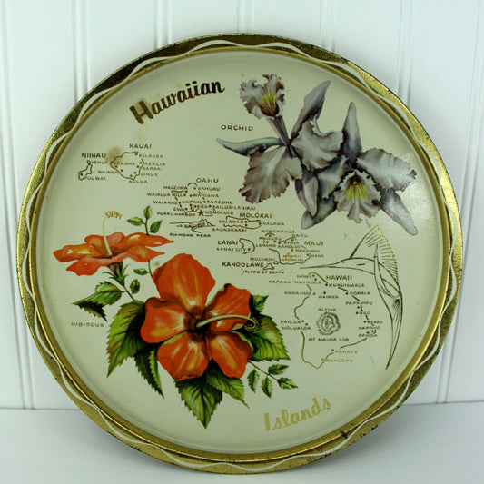 Hawaiiana Metal Serving Tray Map Hawaii Islands Orchids Hibiscus