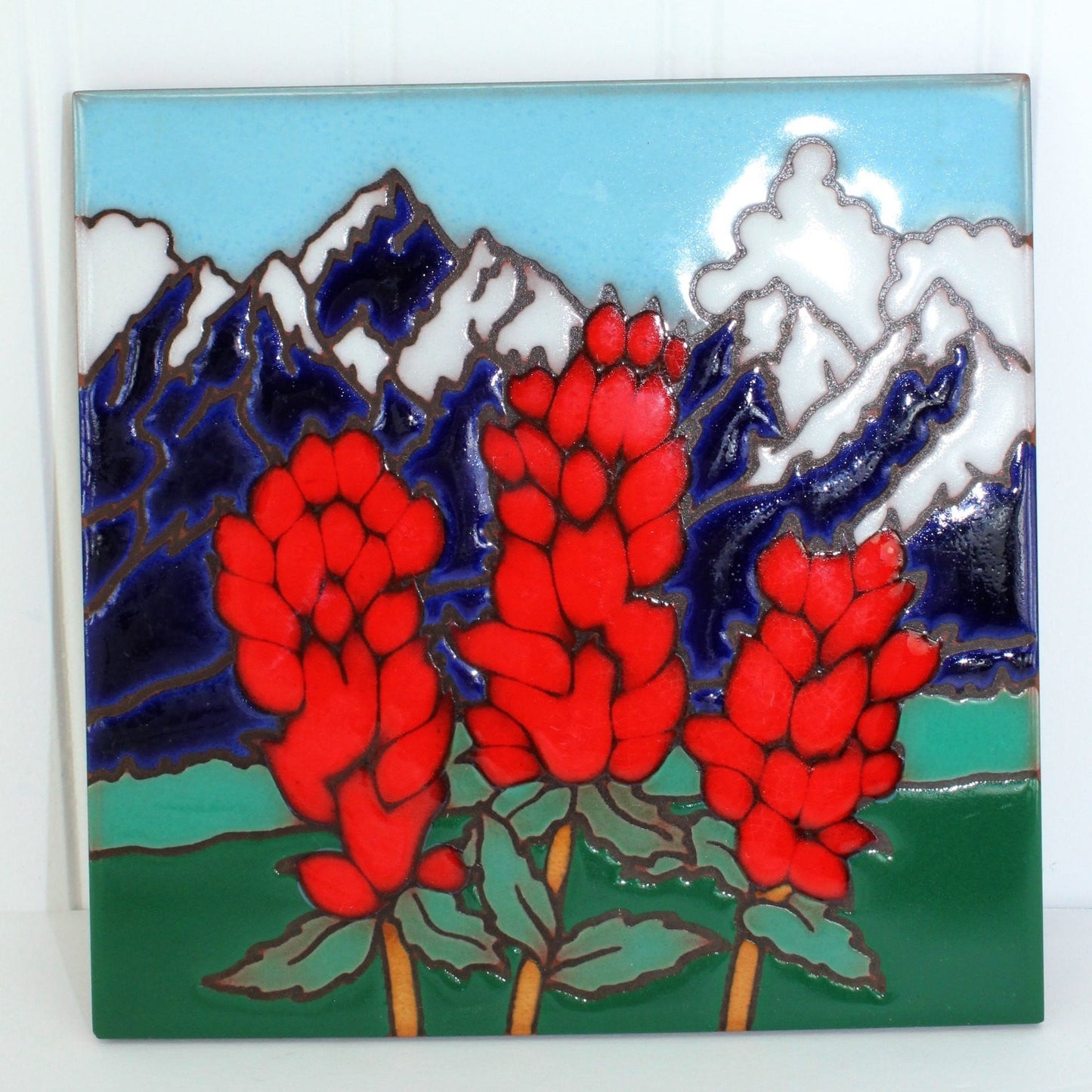 Dimensional Terracotta Glazed Tile Vivid Mountains Flowers Scene Made Italy