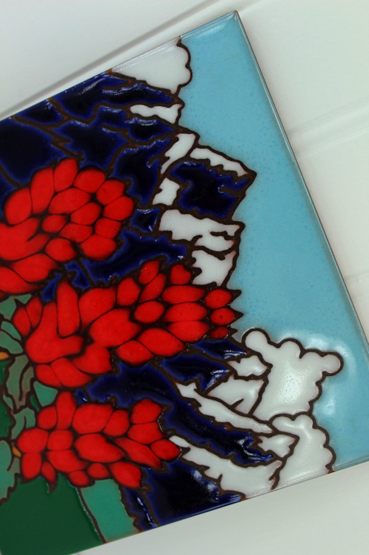 Dimensional Terracotta Glazed Tile Vivid Mountains Flowers Scene Made Italy red blue