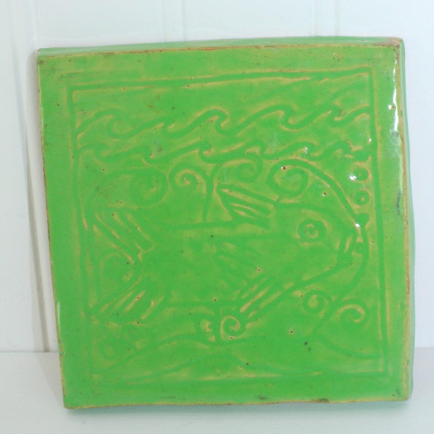 Our Way School Vintage Student Hand Made Tile Green Glazed Fish signed Mary Warren fantasy fish tile