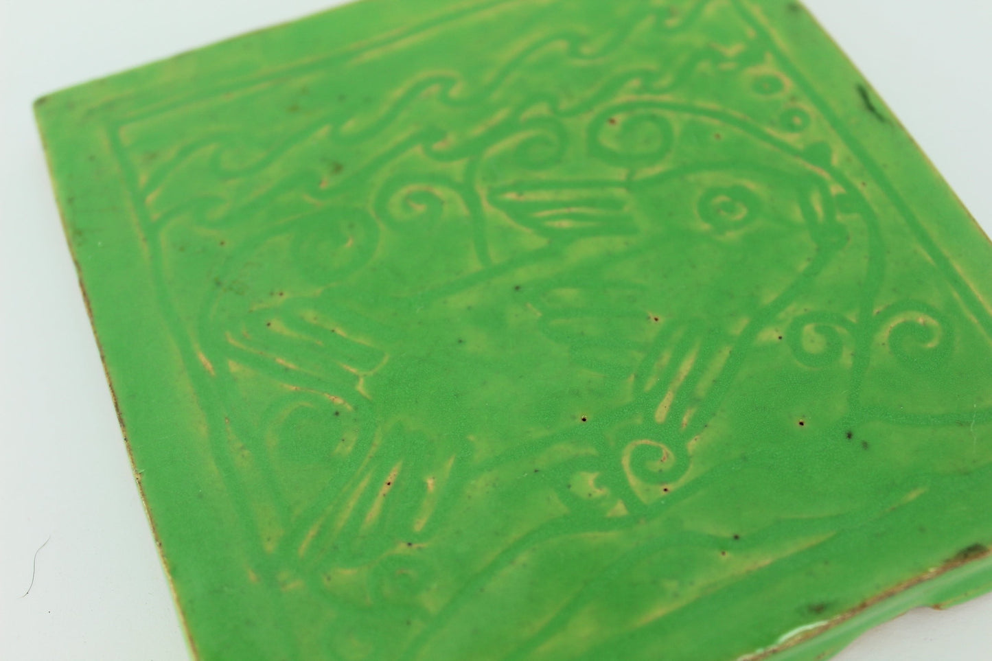 Our Way School Vintage Student Hand Made Tile Green Glazed Fish signed Mary Warren chartreuse green tile