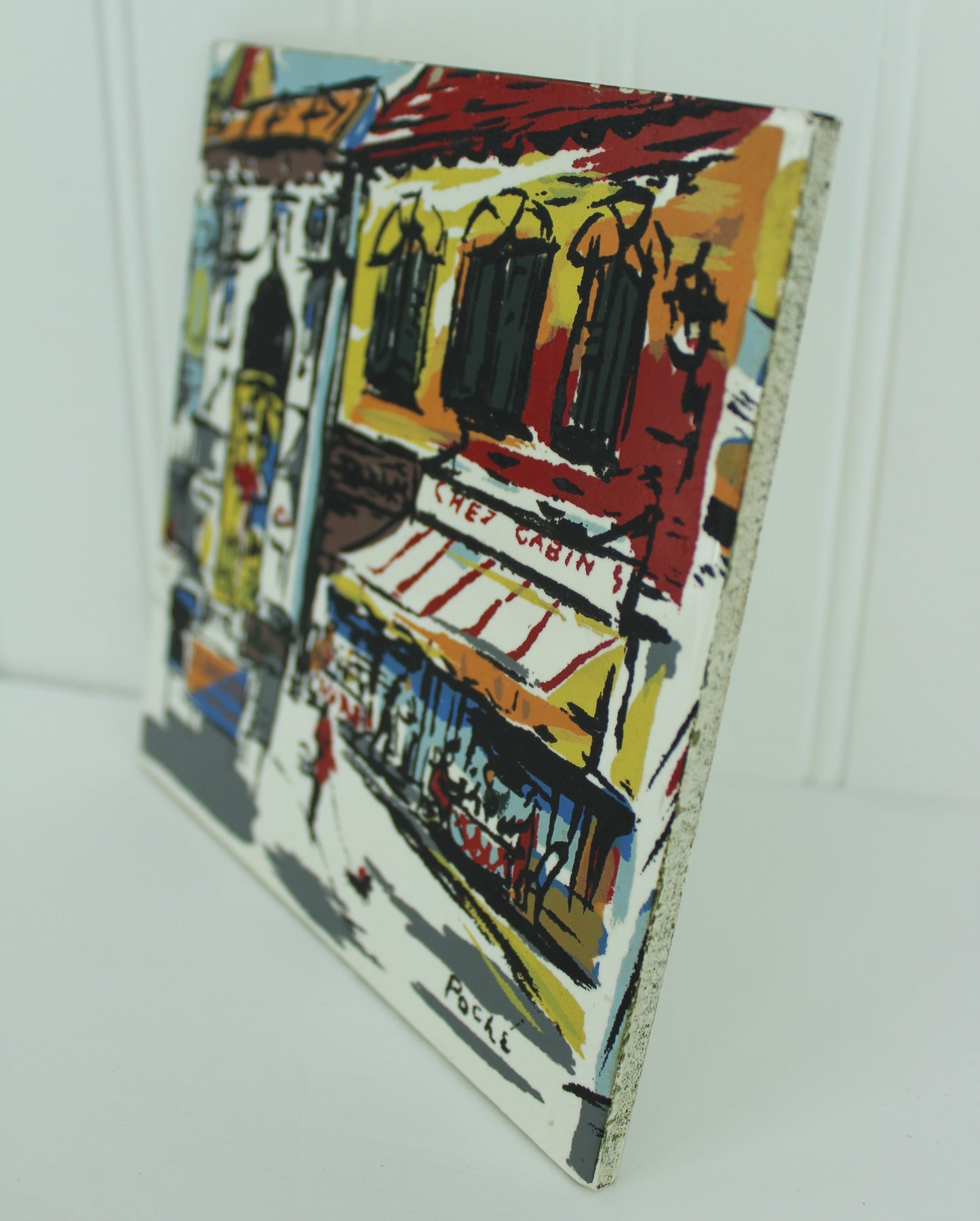 Hand Painted Wall Tile - French Market Scene 6" Signed Poche vintage 50s