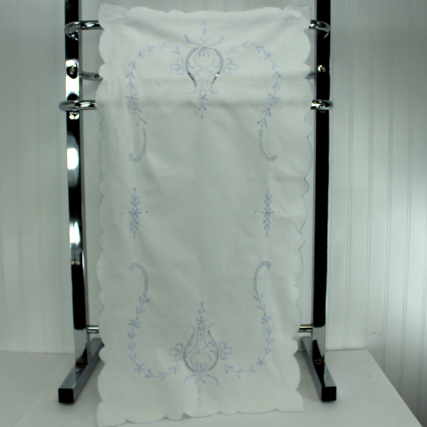 White Table Runner Embroidered Pale Blue 33" X 16" full view runner