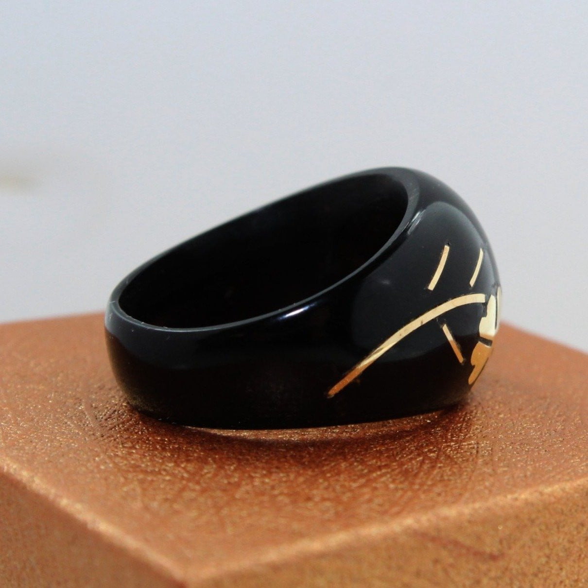 Black Lucite Ring Gold Flower Inlay Exquisite Vintage Dome Promise Ring exceptional