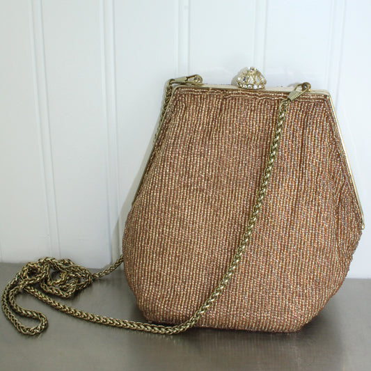 Uterque Glitzy Metallic Beaded Bag -Fun Any Occasion - Large Rhinestone Clasp