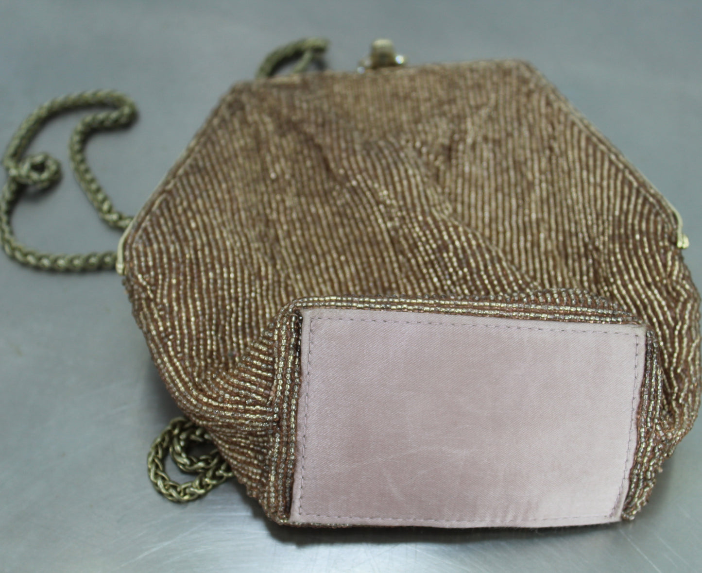 Uterque Glitzy Metallic Beaded Bag -Fun Any Occasion - Large Rhinestone Clasp gold brone metallic rhinestone closure