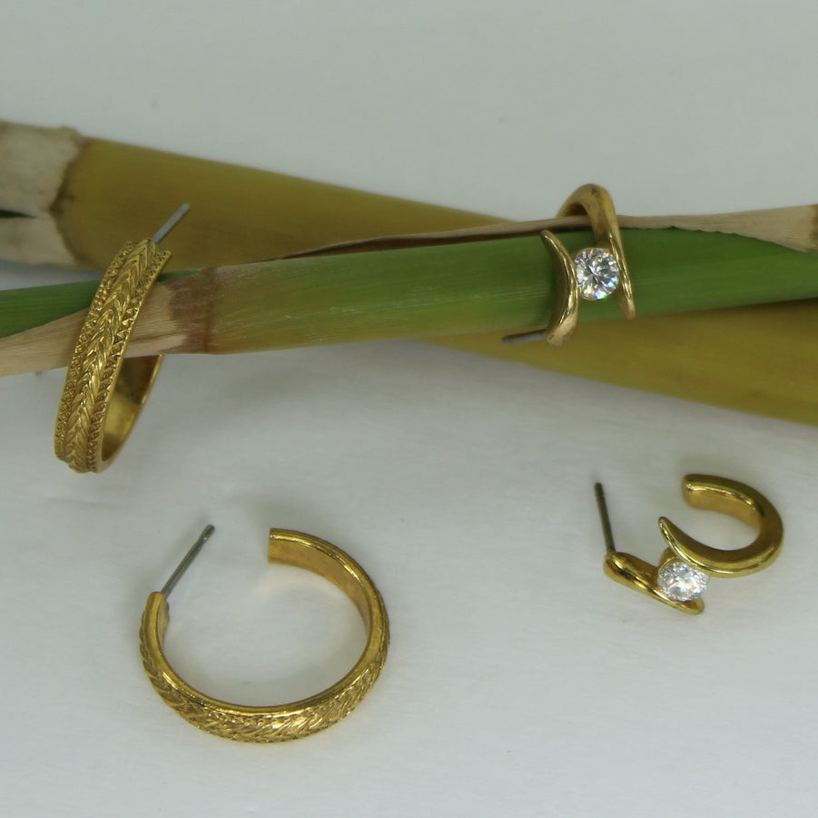 Collection 3 Pairs Post Stud Earrings Gold Tone Hoops Crystal Pearl 2 pairs closeup