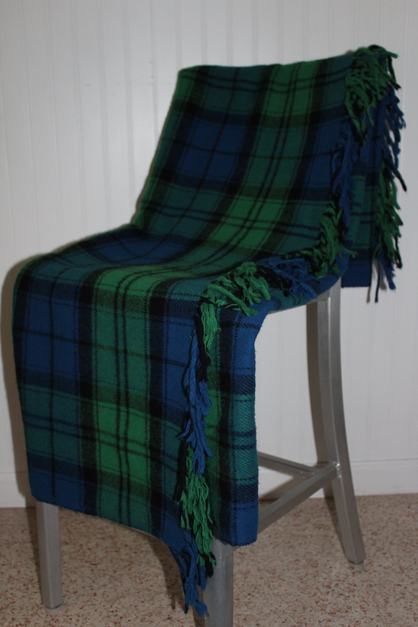 Wool Throw Blue Green Tartan Plaid Fringed Ends 65" X 53" good
