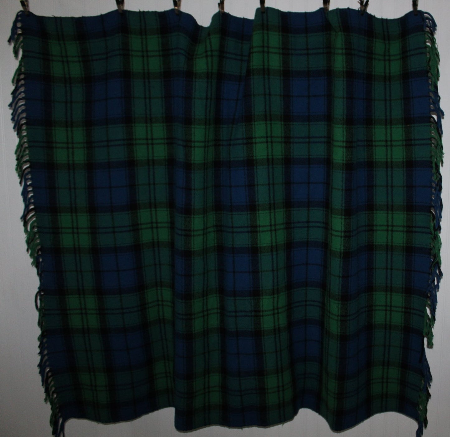 Wool Throw Blue Green Tartan Plaid Fringed Ends 65" X 53" vibrant