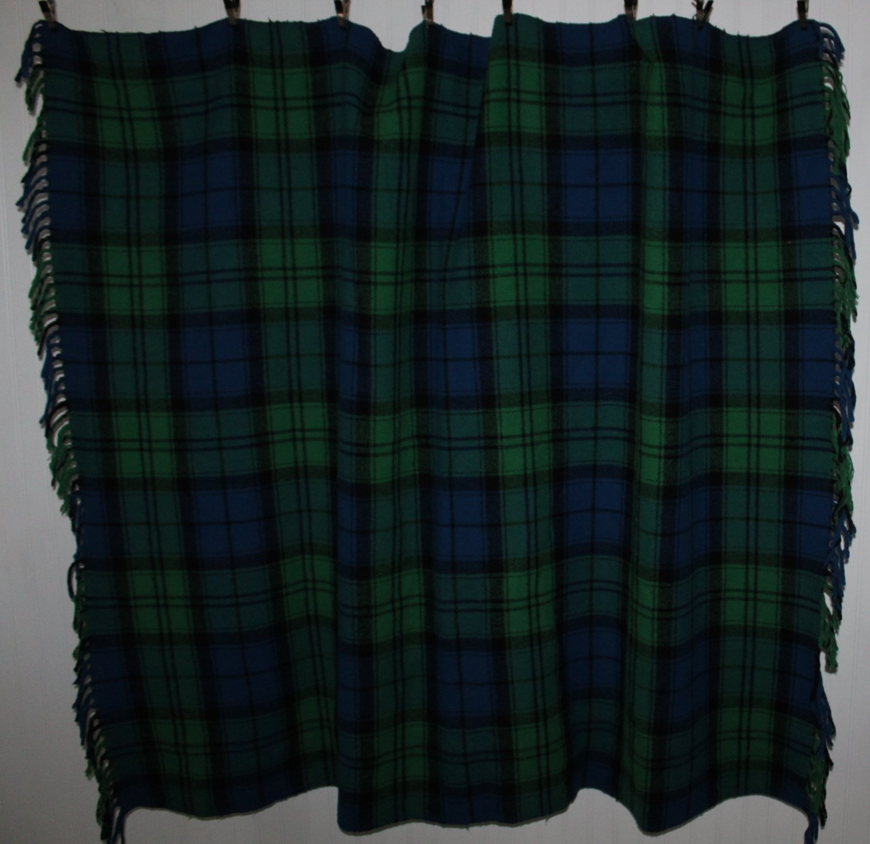 Wool Throw Blue Green Tartan Plaid Fringed Ends 65" X 53" vibrant