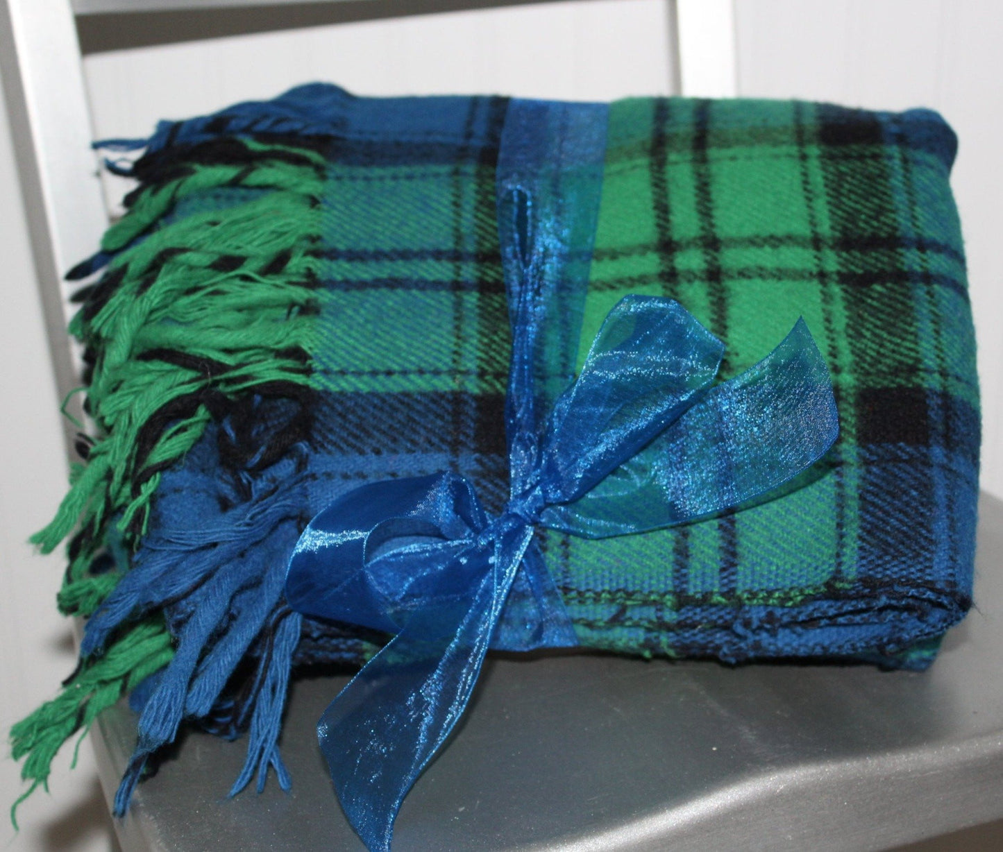 Wool Throw Blue Green Tartan Plaid Fringed Ends 65" X 53"