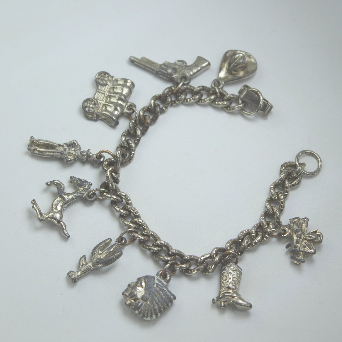 Charm Bracelet 1940s Southwest Cowboy White Metal Collectible Boot Horse Cactus Chief Vintage 1940's