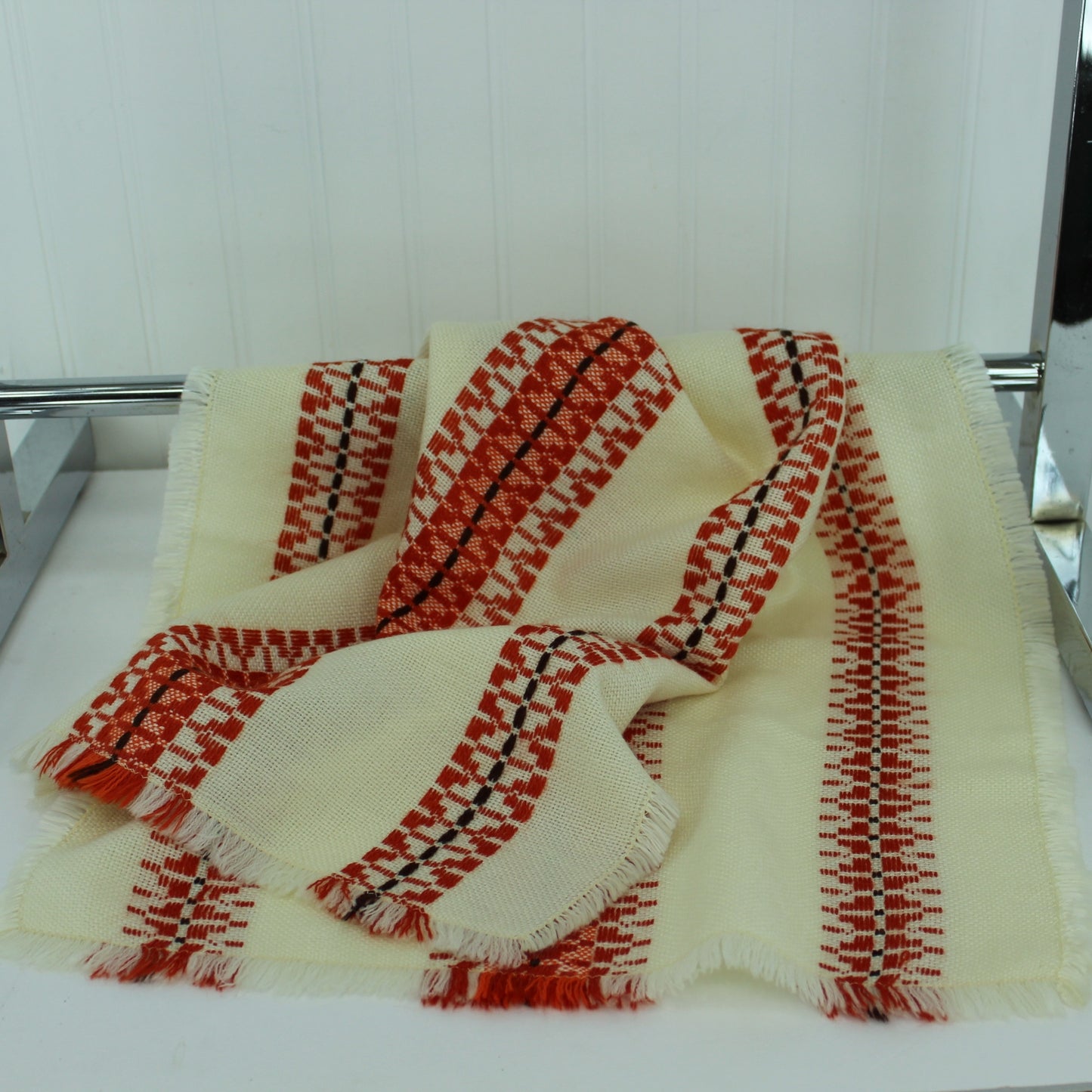Ukrainian Hand Embroidered Table Runner Ivory Sienna Rust Black Geometric soft woven fiber