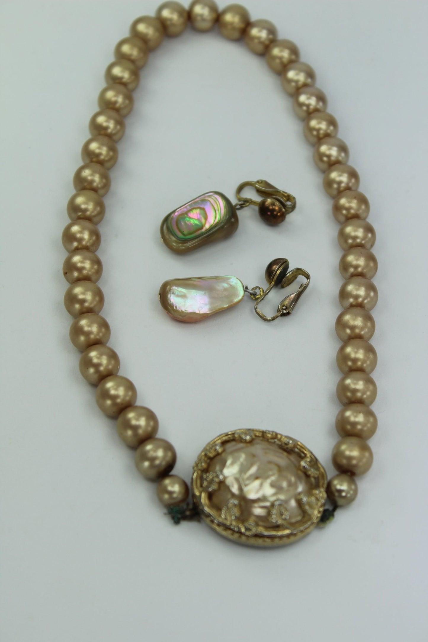 Vintage Choker Necklace Bogoff Box Champagne Faux Pearls Mabe Focal and Earrring collectible