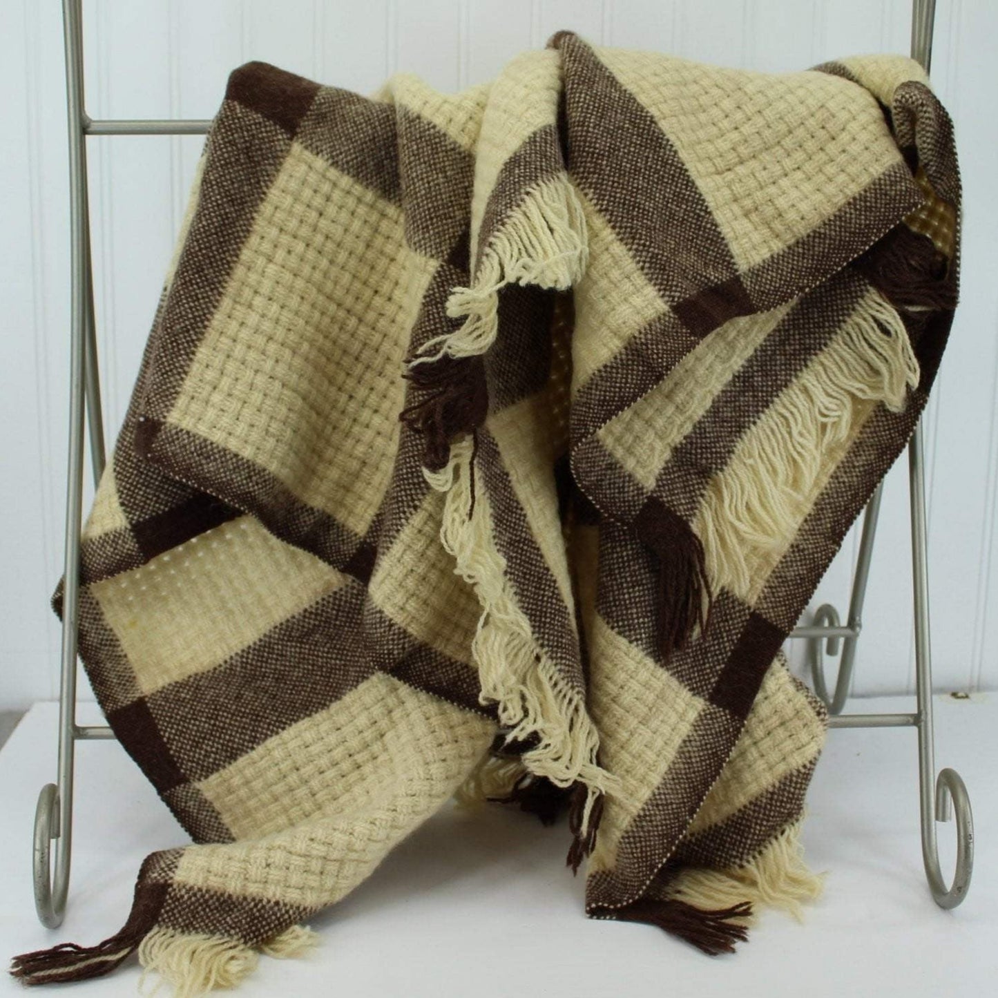Faribo Wool Throw - Ivory & Brown Big Checks Basketweave - Special