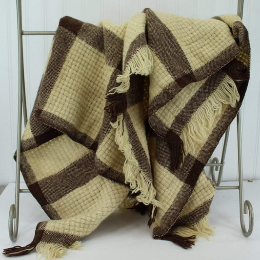 Faribo Wool Throw - Ivory & Brown Big Checks Basketweave - Special