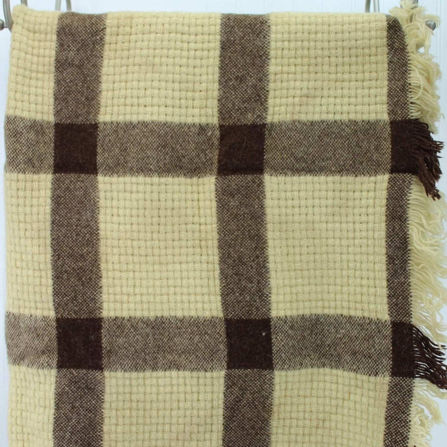 Faribo Wool Throw - Ivory & Brown Big Checks Basketweave - Special unusual