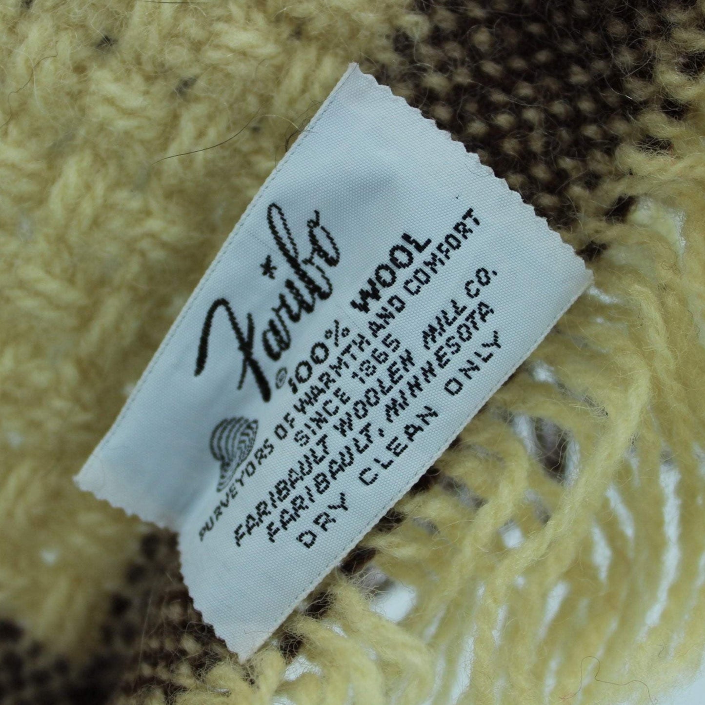 Faribo Wool Throw - Ivory & Brown Big Checks Basketweave - Special original tag