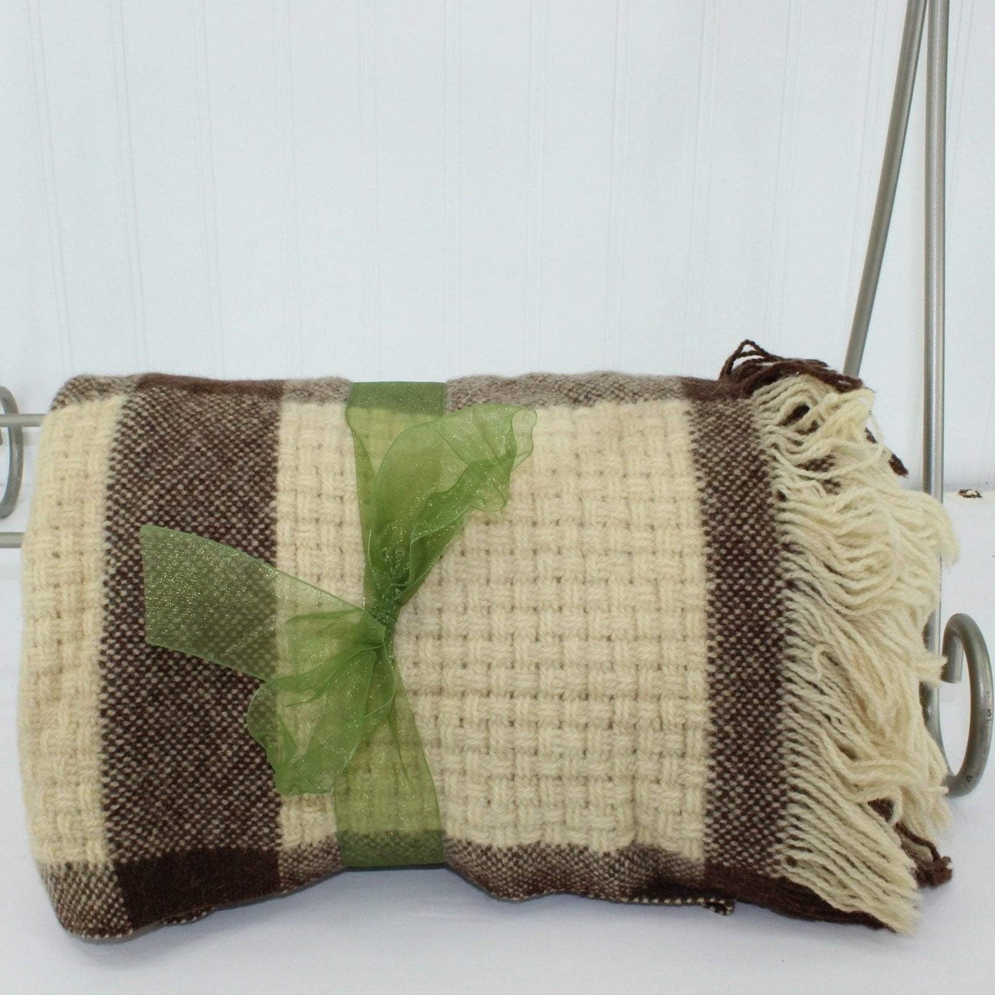 Faribo Wool Throw - Ivory & Brown Big Checks Basketweave - Special price value