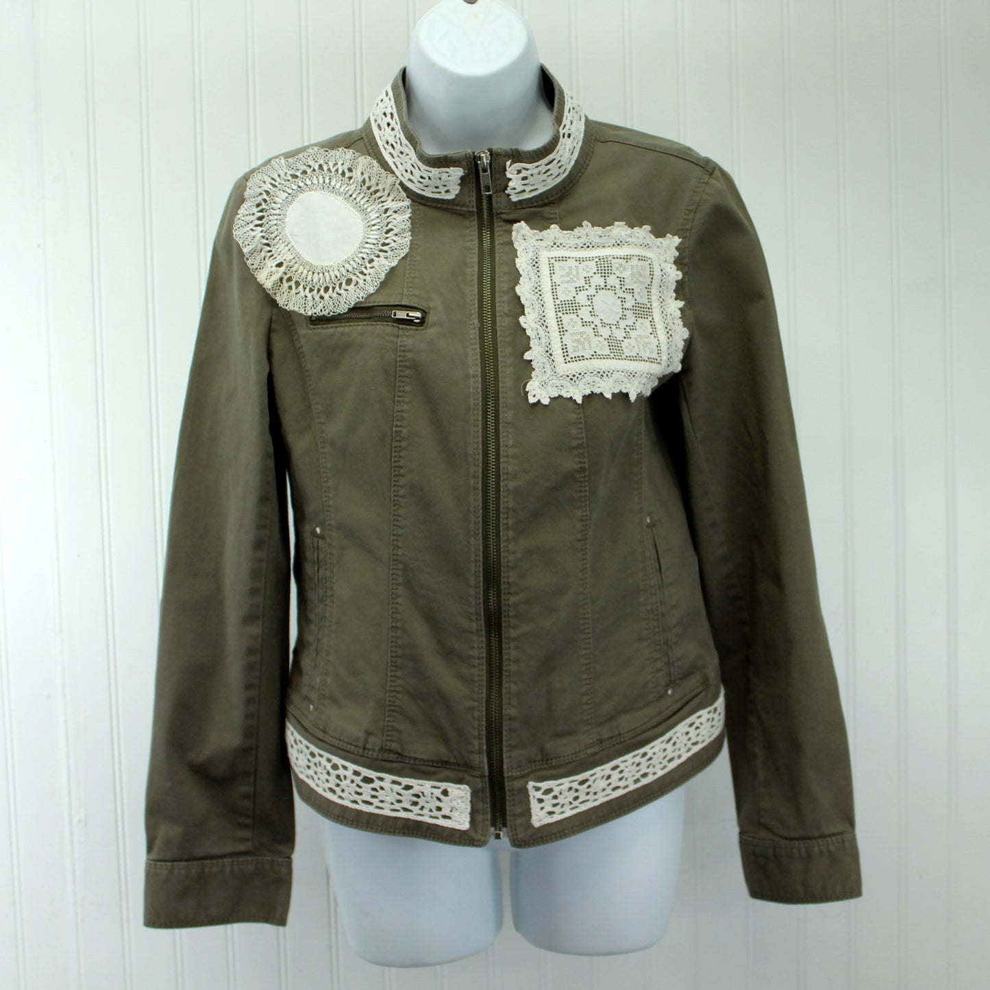 Express Cotton Jacket Mandarin Collar Enhanced Patzi Design Lace Doily Repurposed