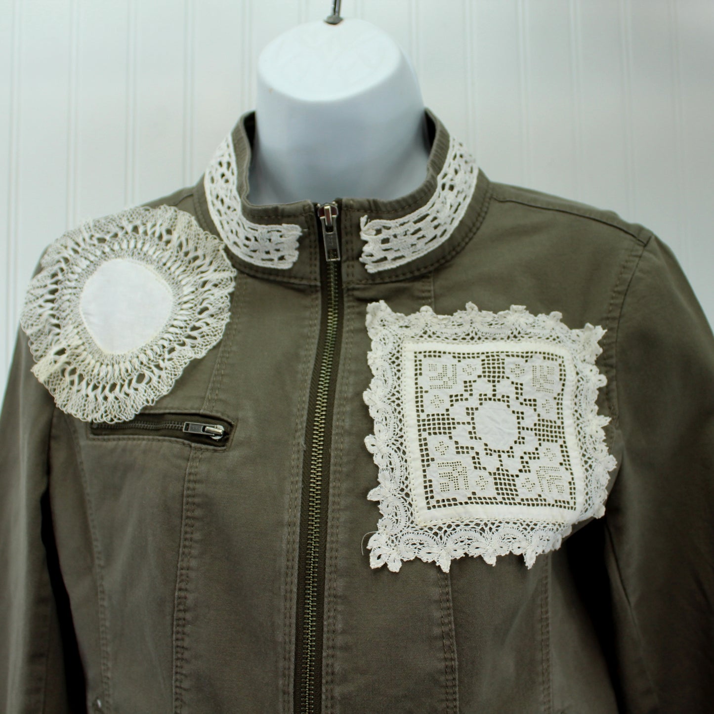 Express Cotton Jacket Mandarin Collar Enhanced Patzi Design Lace Doily Repurposed front closeup of lace and doilies