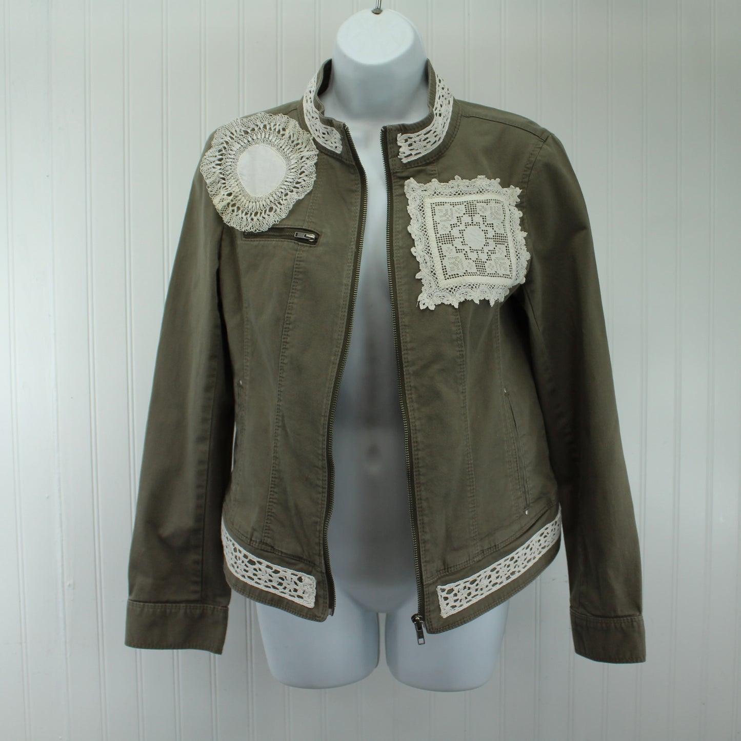 Express Cotton Jacket Mandarin Collar Enhanced Patzi Design Lace Doily Repurposed open zipper view of jacket