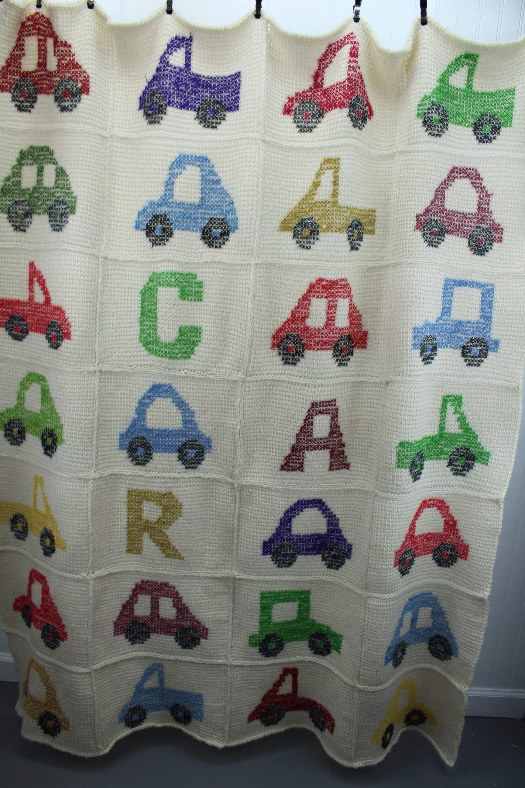 Hand Knit Throw Blanket Cars Trucks Cross Stitched Washable Blend Yarn toddler bedroom