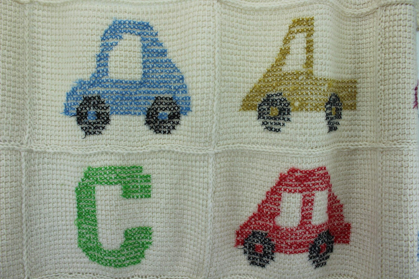 Hand Knit Throw Blanket Cars Trucks Cross Stitched Washable Blend Yarn all season blanket child